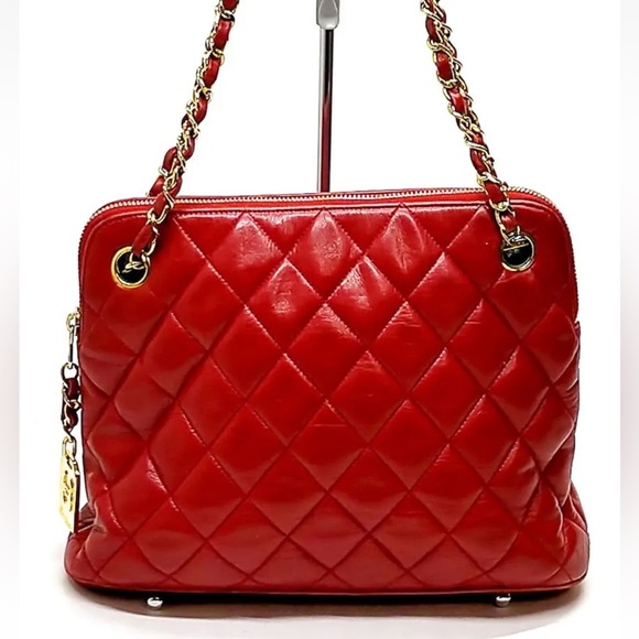 CHANEL Handbags - CHANEL CC Logo Matelasse Chain Shoulder Tote Bag Leather Red